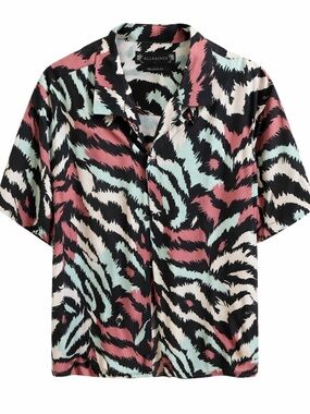 AllSaints Black Multicolor Abstract Print Short Sleeve Button-Down Shirt